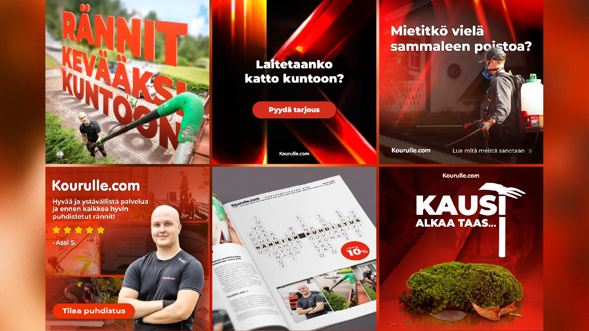 Kuusi Kourulle.comin neliömuotoista some-julkaisua: rännipuhdistuksen ja sammaleenpoiston mainoksia, viiden tähden asiakasarvio sekä lehti-ilmoitus.