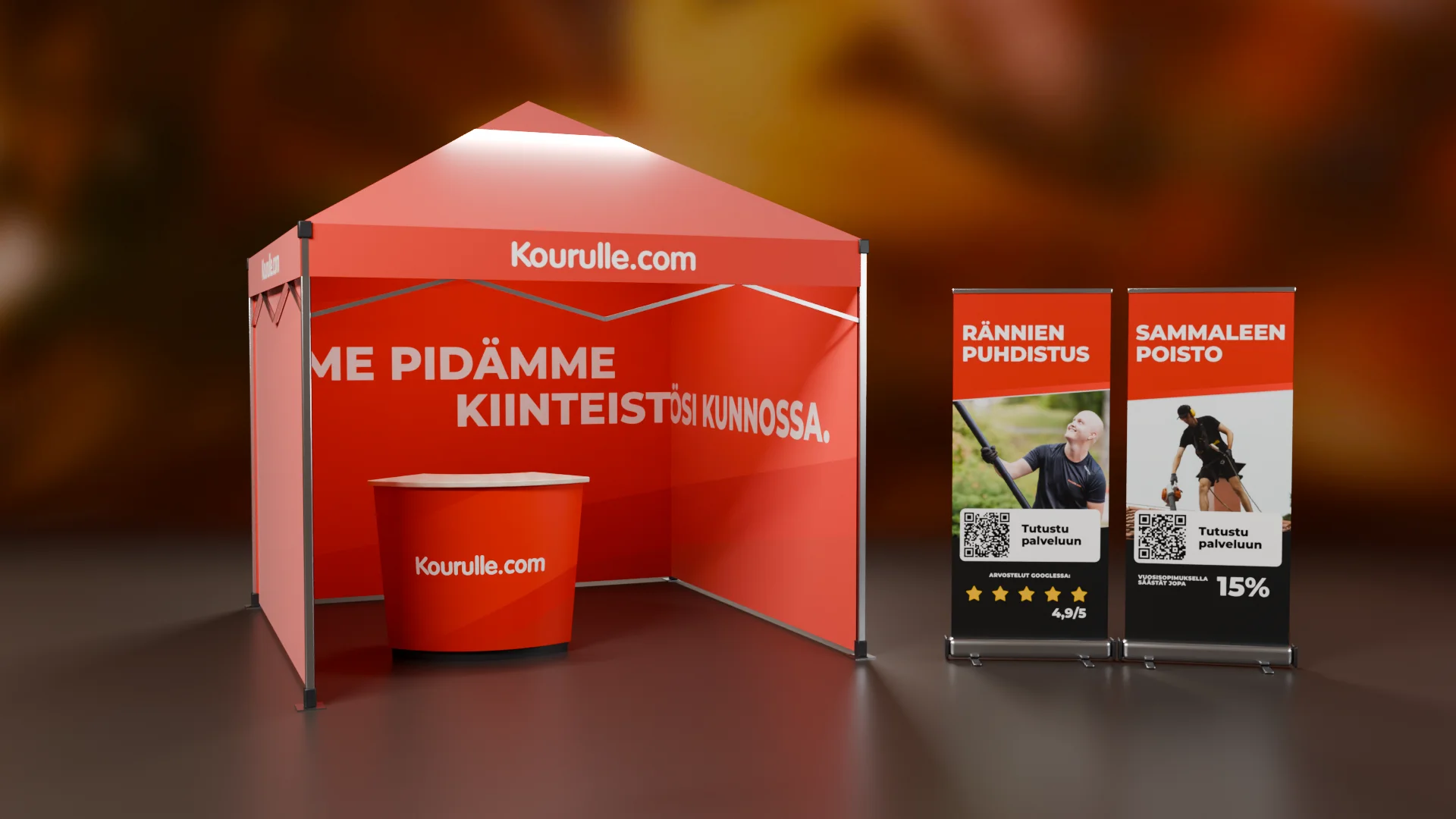 Kourulle.comin messuosaston visualisointi: punainen teltta tunnuslauseella, pyöreä tiski ja kaksi roll-upia rännipuhdistuksesta ja sammaleenpoistosta.
